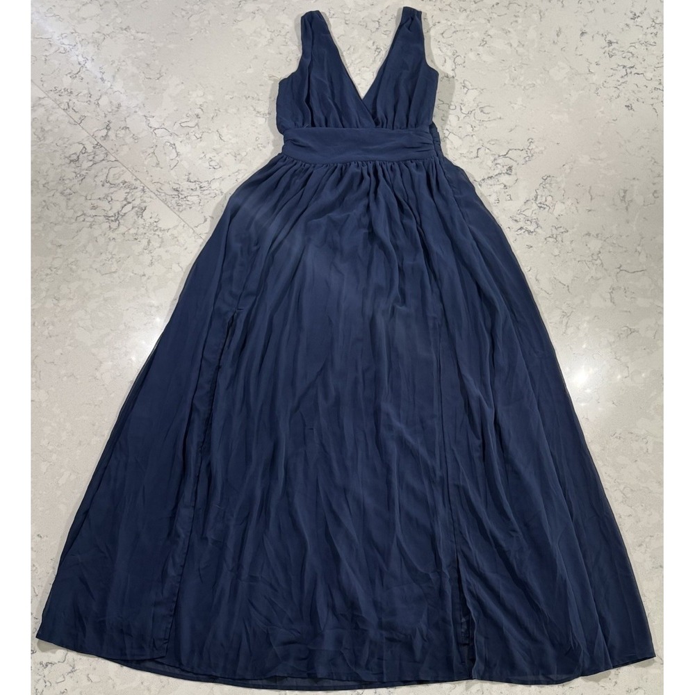 Charlotte Russe Womens Navy Blue V Neck Chiffon Maxi Dress Slit 6618 S